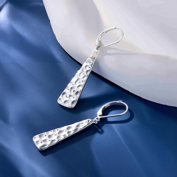 925 Sterling Silver French  Hammer Square Bar Long Drop Leverback Earring - Picture 7 of 7